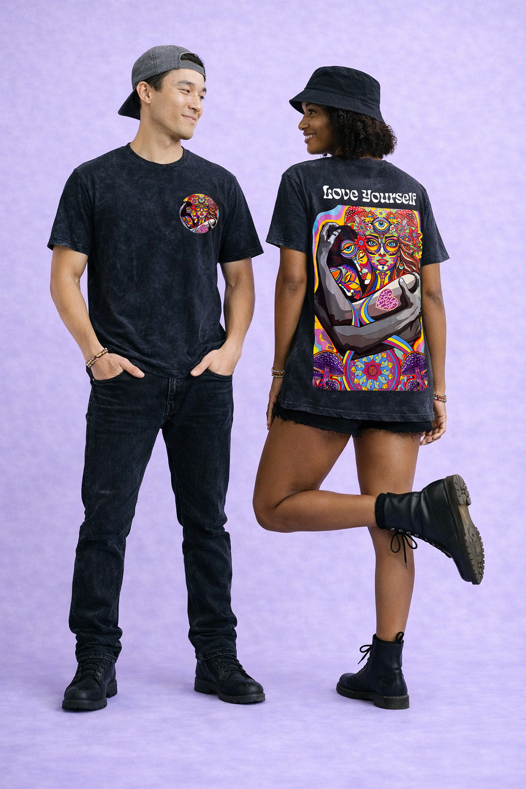 Love Yourself psychedelic festival t-shirt black acid wash front and back