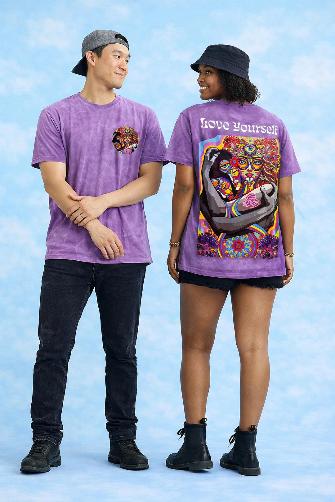Love Yourself psychedelic festival t-shirt purple acid wash front and back