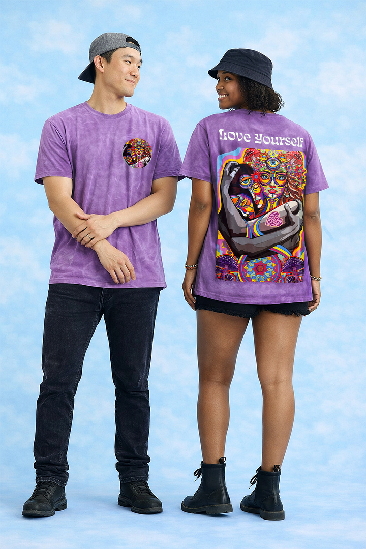 Love Yourself psychedelic festival t-shirt purple acid wash front and back