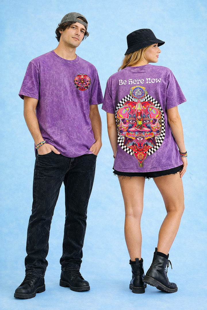Be Here Now psychedelic festival t-shirt purple acid wash front and back
