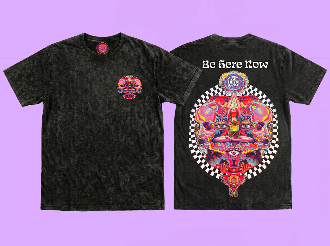 Be Here Now psychedelic festival t-shirt black acid wash front and back
