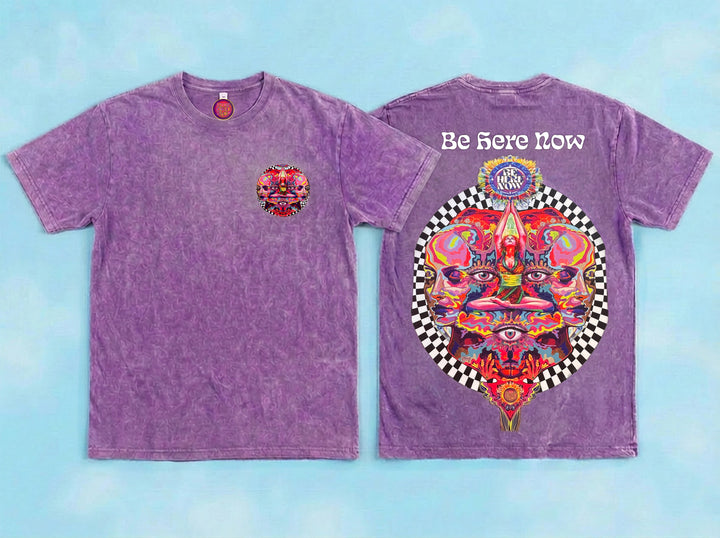 Be Here Now psychedelic festival t-shirt purple acid wash front and back
