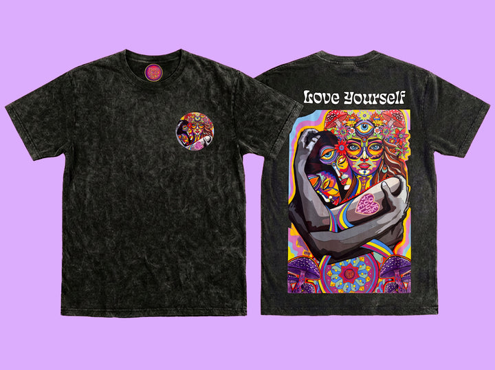 Love Yourself psychedelic festival t-shirt black acid wash front and back