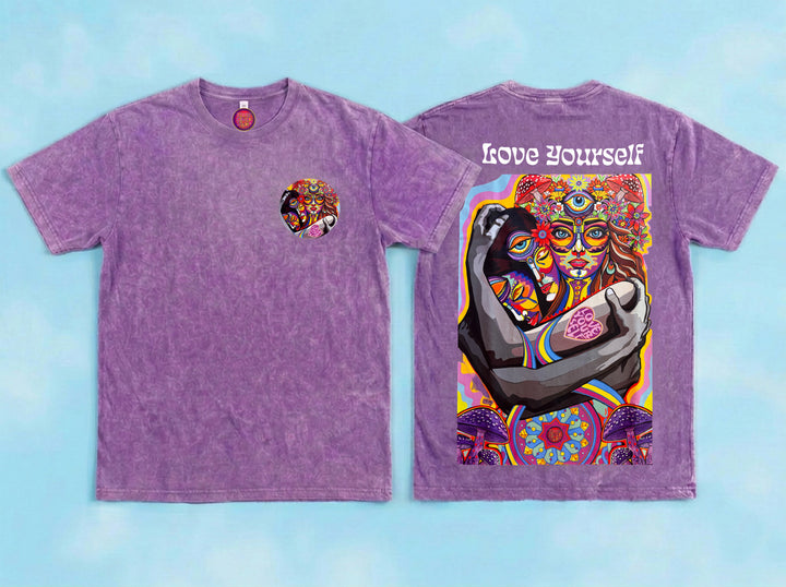 Love Yourself psychedelic festival t-shirt purple acid wash front and back