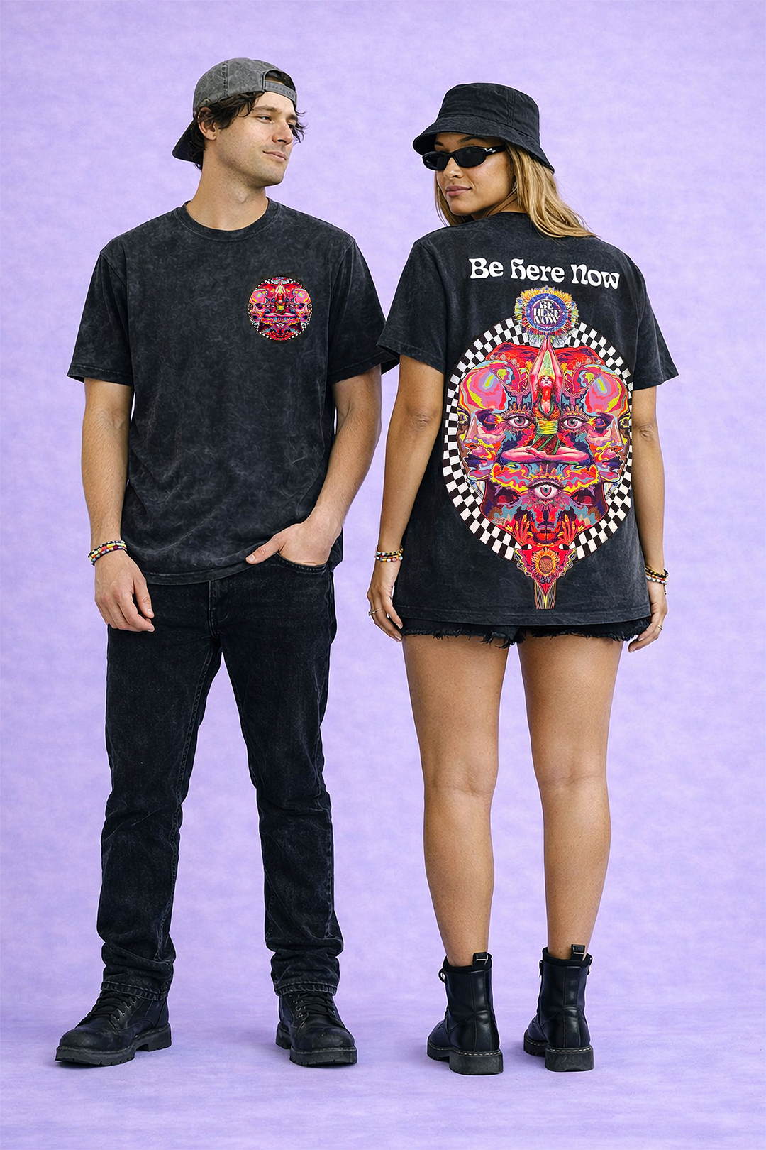 Be Here Now psychedelic festival t-shirt black acid wash front and back
