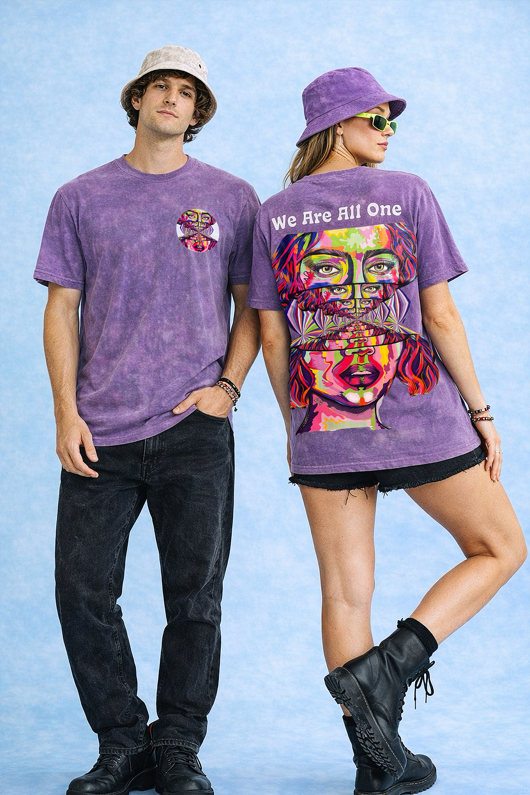 We Are All One psychedelic festival t-shirt purple acid wash front and back