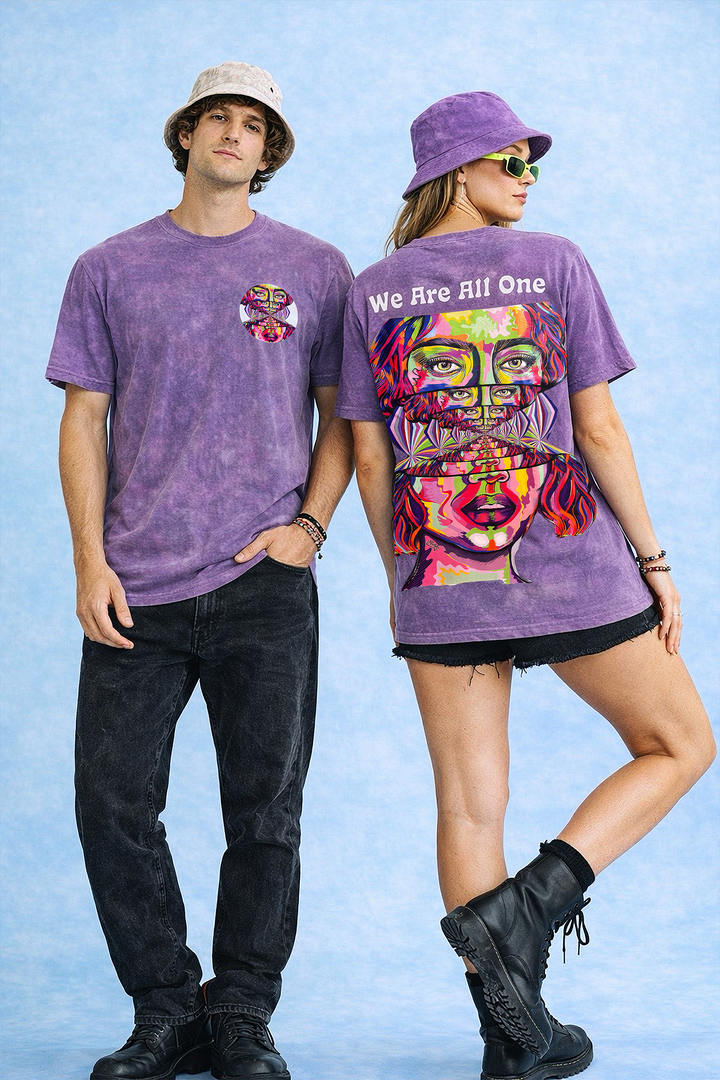 We Are All One psychedelic festival t-shirt purple acid wash front and back