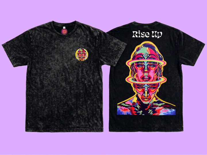 Rise Up psychedelic festival t-shirt black acid wash front and back
