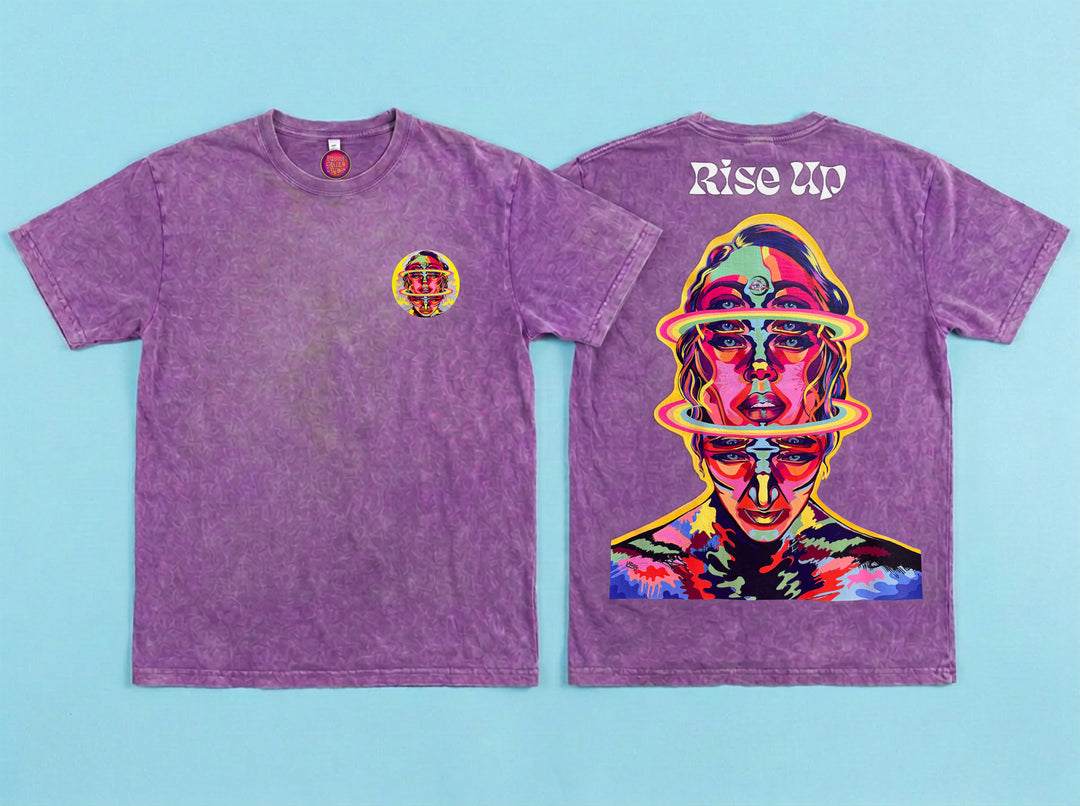 Rise Up psychedelic festival t-shirt purple acid wash front and back
