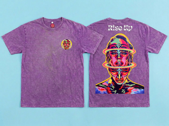 Rise Up psychedelic festival t-shirt purple acid wash front and back
