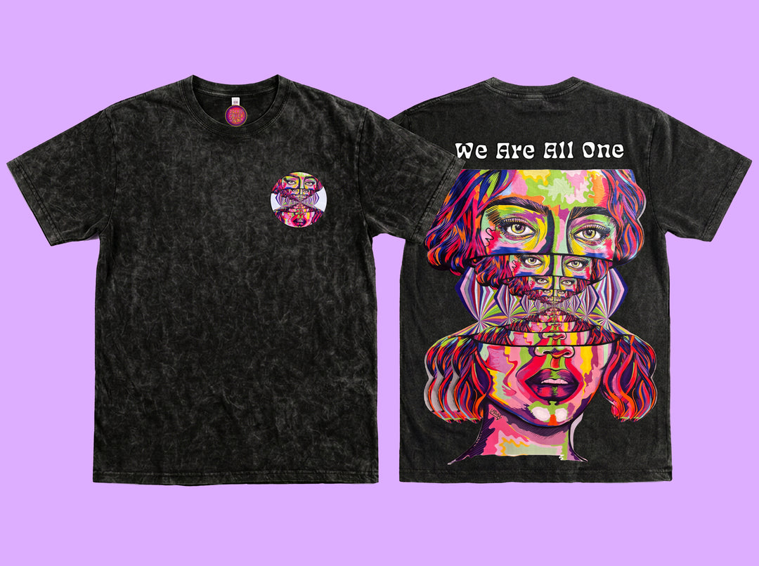 We Are All One psychedelic festival t-shirt black acid wash front and back