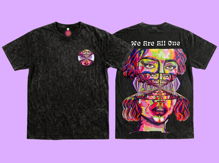 We Are All One psychedelic festival t-shirt black acid wash front and back