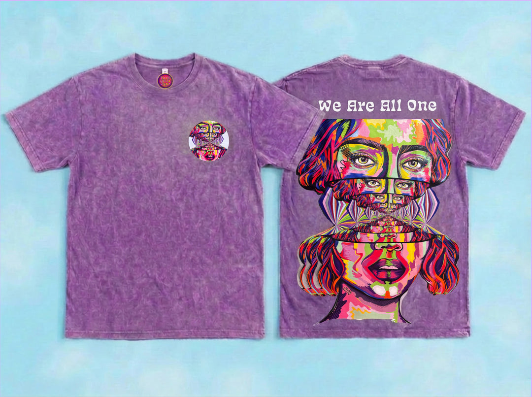 We Are All One psychedelic festival t-shirt purple acid wash front and back